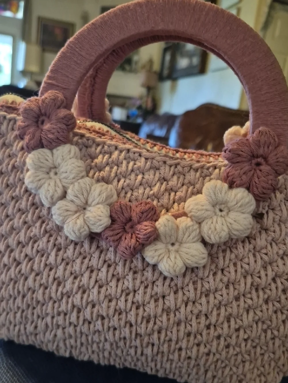 Handmade By Feyzolfey. Pink Crochet Floral Top-Handle Bag Perfect For Summer(#